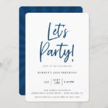 Let's Party Modern Blue Script Birthday Invitation<br><div class="desc">Modern script Let's Party!,  birthday invitation. Navy blue and black typography design style template. Back of card features cool retro sunburst pattern in coordinating blue colors.</div>