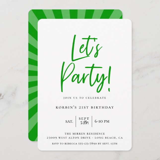 Let's Party Modern Green Script Birthday Invitation (Front/Back)