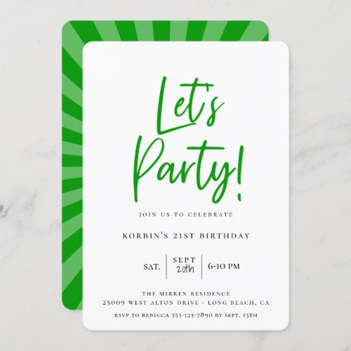 Lets Party Modern Green Script Birthday Invitation