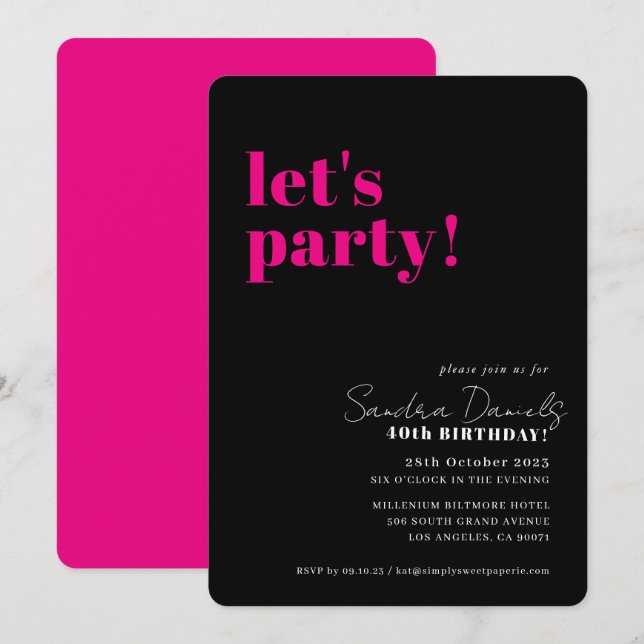 LET'S PARTY modern minimal birthday black pink Invitation (Front/Back)