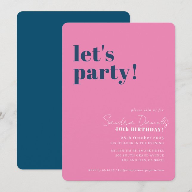 LET'S PARTY modern minimal birthday navy pink Invitation (Front/Back)