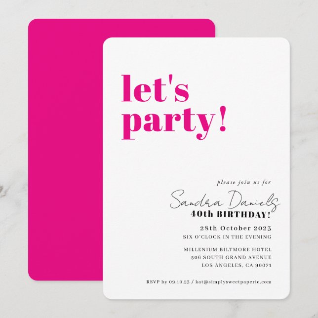 LET'S PARTY modern minimal birthday pink black Invitation (Front/Back)