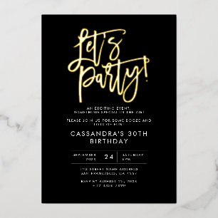 Let's Party Modern Minimalist Black Gold Birthday Foil Invitation