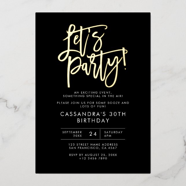 Let's Party Modern Minimalist Black Gold Birthday Foil Invitation (Front)