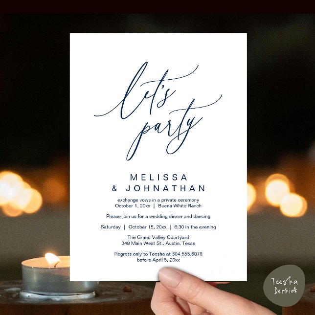 Let's Party, Modern Romantic Wedding Reception Invitation (Let's Party, Modern Romantic Wedding Reception Dinner and Dancing Invitation Card in Navy Blue)