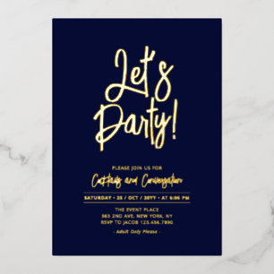 Let's Party   Navy Blue Chic Script Party Event Foil Invitation