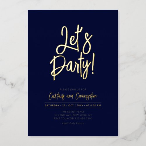 Lets Party  Navy Blue Chic Script Party Event Foil Invitation