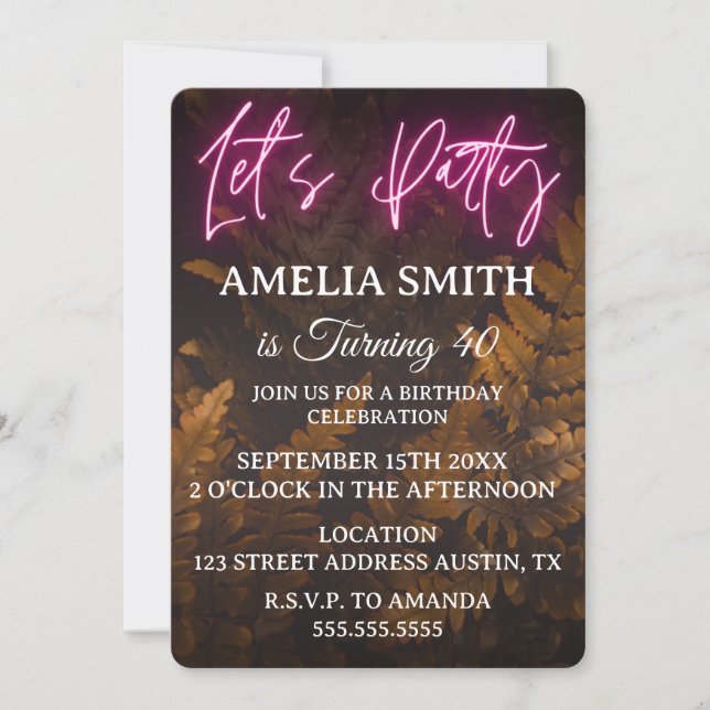 Let's Party Neon boxwood Brown Leaves Birthday Invitation (Front)