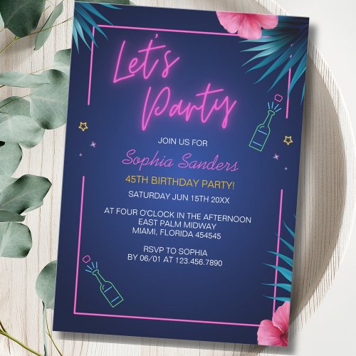 Lets Party Neon Electric Pink Birthday Invitation