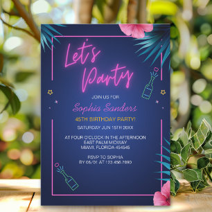 Let's Party Neon Electric Pink Birthday Invitation