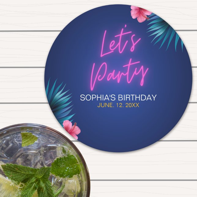 Let's Party Neon Electric Pink Funny Birthday Round Paper Coaster (Creator Uploaded)