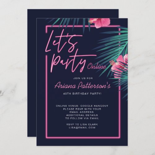 Lets Party Online Neon Pink Tropical Birthday Invitation