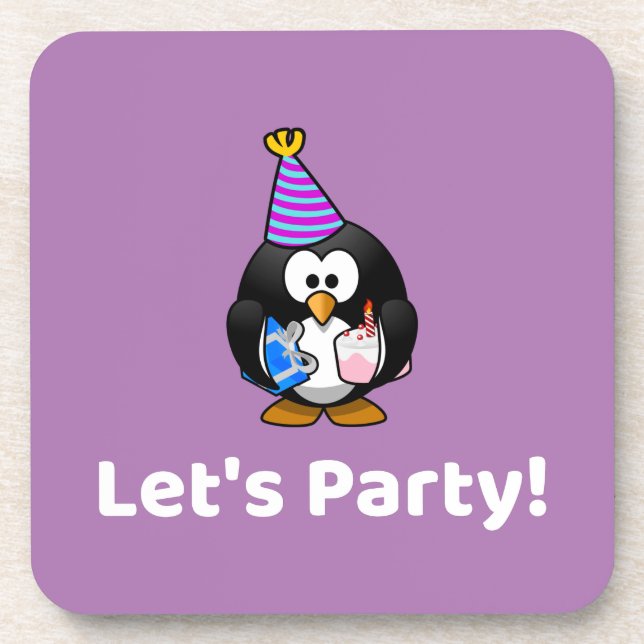 Let's Party! Penguin Funny Birthday Party Beverage Coaster (Front)