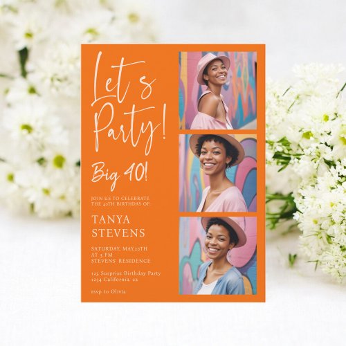 Lets party photo burnt orange forty birthday invitation