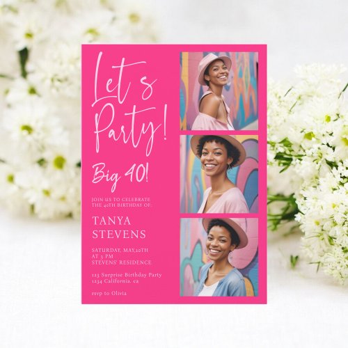 Lets party photo neon pink forty birthday invitation