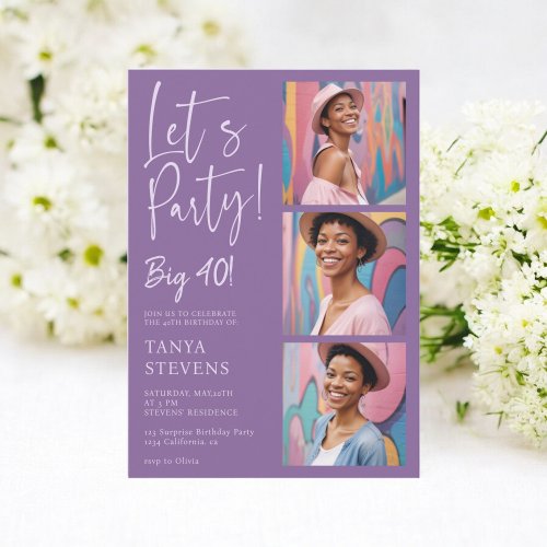 Lets party photo purple lavender forty birthday invitation