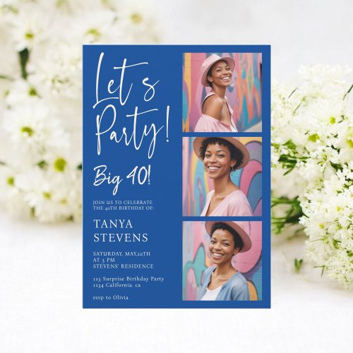 Lets party photo retro blue forty birthday invitation