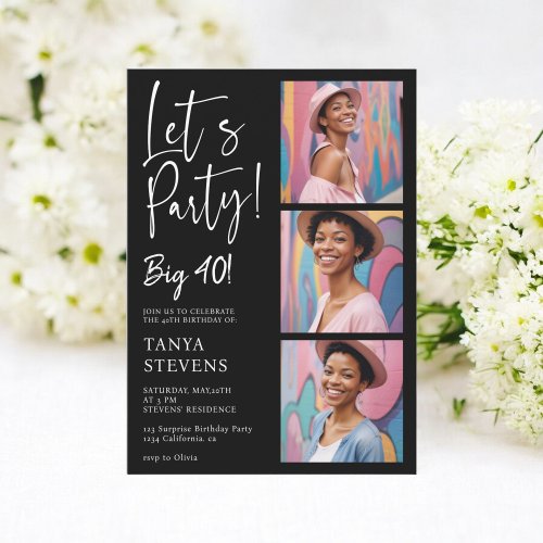 Lets party photo white black forty birthday invitation