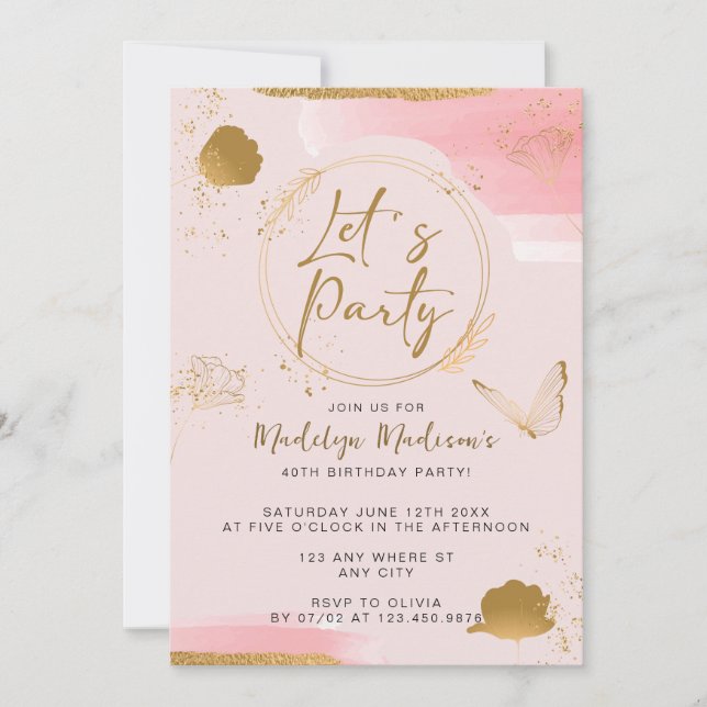 Let's Party Pink and Gold Birthday Invitation (Front)