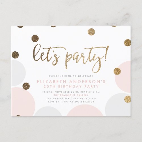 Lets Party  Pink Bubbles Gold Script Birthday Invitation Postcard