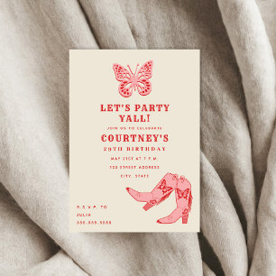 Let's Party Pink Butterfly Cowgirl Boots Birthday Invitation