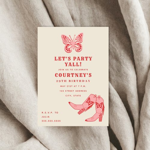 Lets Party Pink Butterfly Cowgirl Boots Birthday Invitation