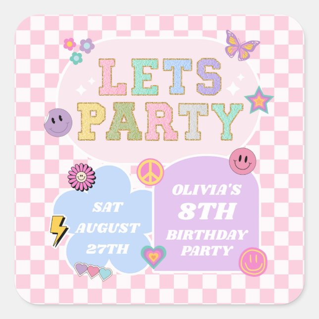 Let's Party Preppy Varsity Patch Birthday Party Square Sticker (Front)