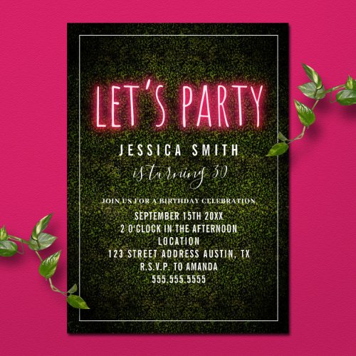 Lets Party Print Pink Neon Boxwood Birthday Invitation