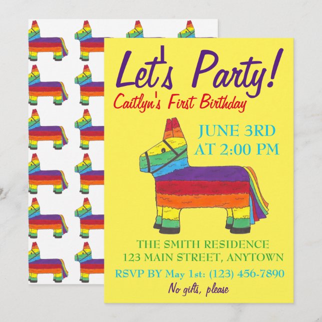Let's Party Rainbow Donkey Birthday Fiesta Piñata Invitation (Front/Back)