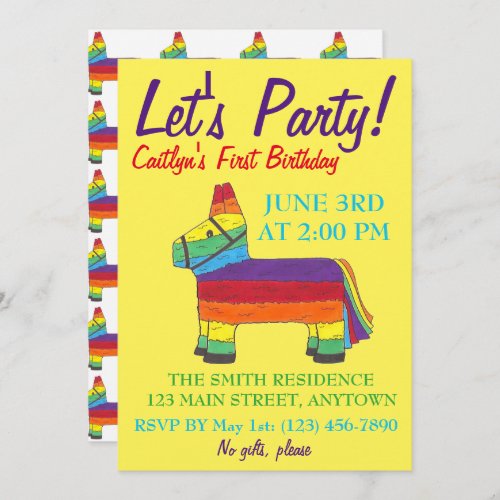 Lets Party Rainbow Donkey Birthday Fiesta Piata Invitation