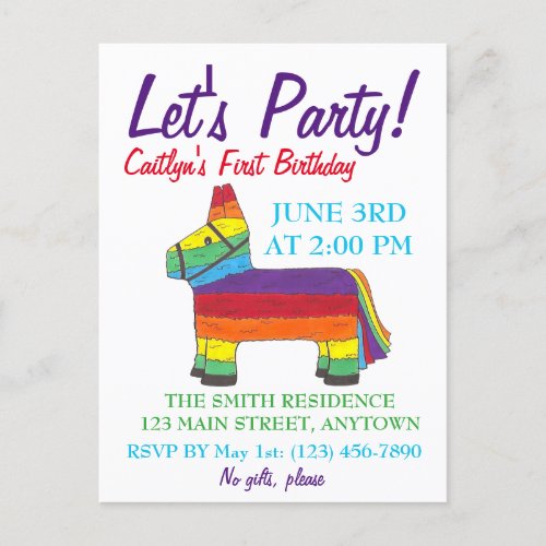 Lets Party Rainbow Donkey Birthday Fiesta Piata Invitation Postcard
