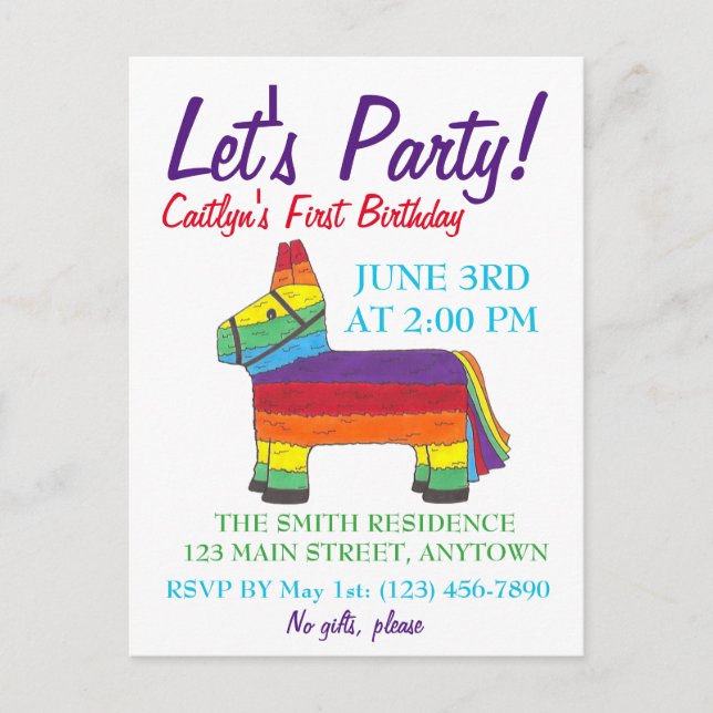 Let's Party Rainbow Donkey Birthday Fiesta Piñata Invitation Postcard (Front)