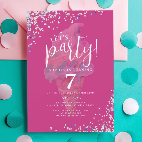 Lets Party Rainbow Hot Pink Ice Cream Birthday Invitation