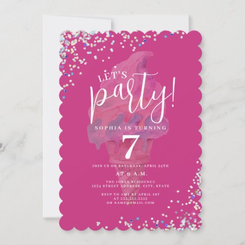 Lets Party Rainbow Pink Ice Cream Birthday Invitation
