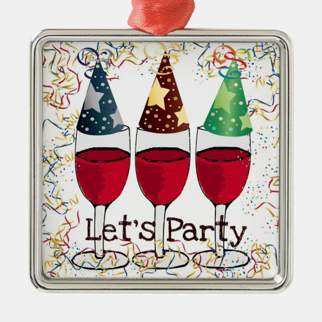 LET'S PARTY RED WINE PARTY HATS PRINT METAL ORNAMENT (Front)