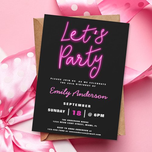 Lets Party Retro Neon Any Age Birthday Party Invitation