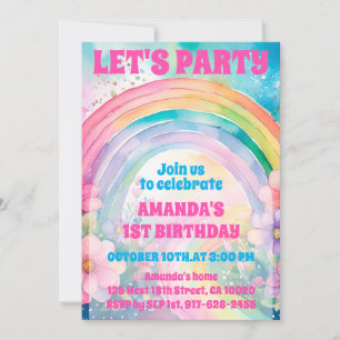 Let's Party Retro Pastel Rainbow Flowers Birthday Invitation