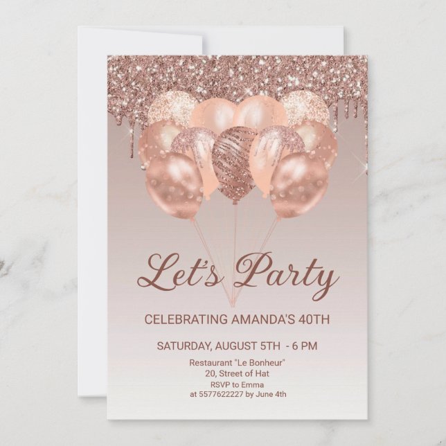 Let's Party Rose Gold Balloons Birthday Invitation (Front)