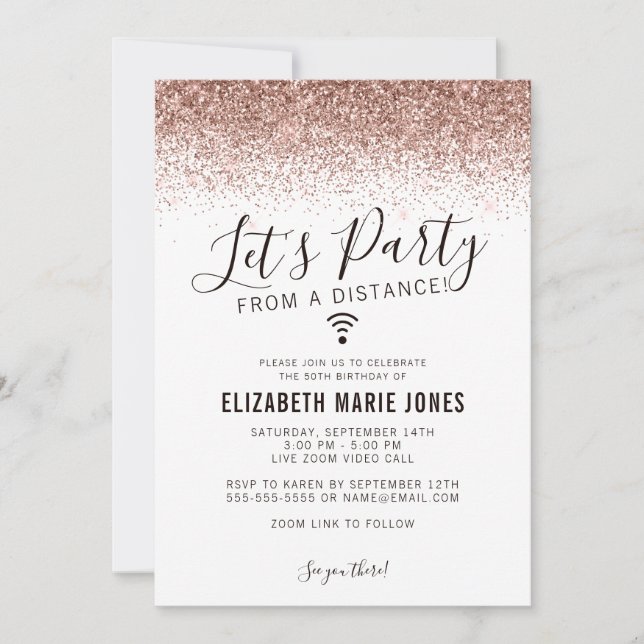 Let's Party Rose Gold Glitter Virtual Birthday Invitation (Front)