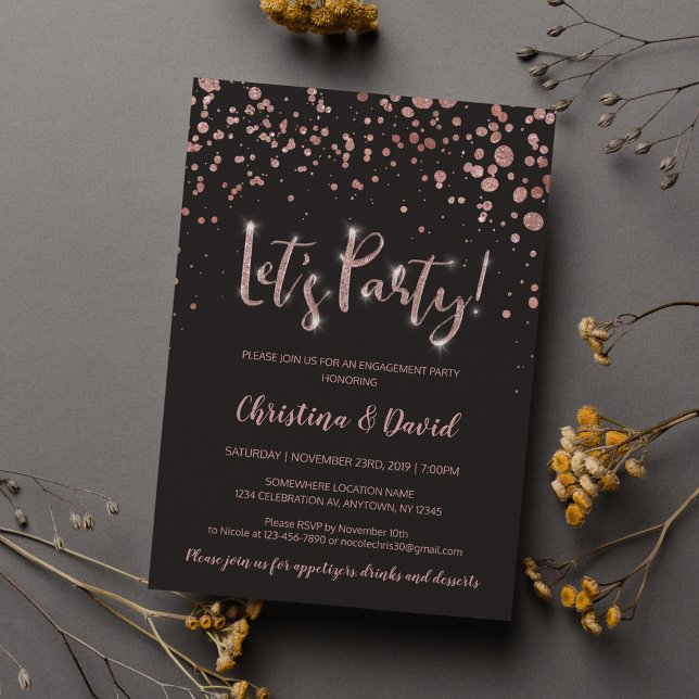 "Let's Party" Rose Gold Gray Elegant Engagement Invitation (Creator Uploaded)