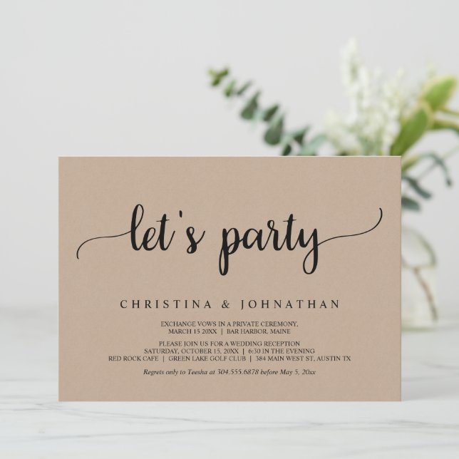 Let's party, Rustic Brown Kraft Elopement Party Invitation (Standing Front)