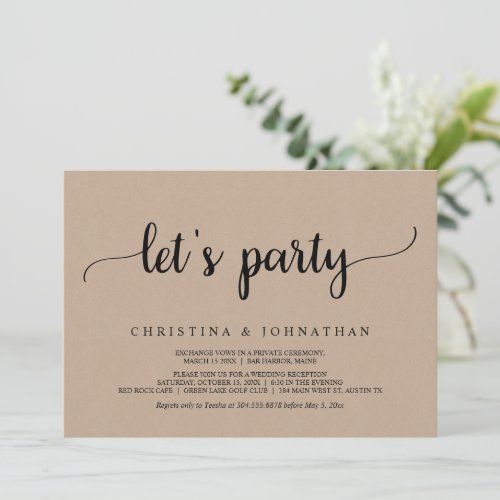 Lets party Rustic Brown Kraft Elopement Party Invitation