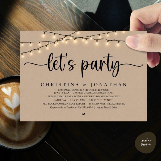 Let's party, Rustic Wedding Dinner Elopement Invitation (Let's party, Rustic Wedding Dinner Elopement Invitation Card, PDF, String Lights Brown Kraft)