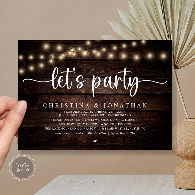 Let's party, Rustic Wedding Dinner Elopement Invitation (Let's party, Rustic Wedding Dinner Elopement Invitation card, pdf, in cottage dark wood)