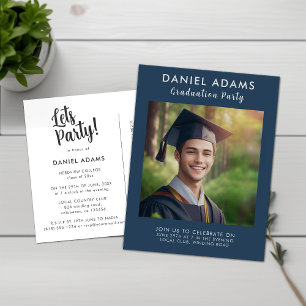 Lets Party Simple Navy Blue Border Grad Party Postcard