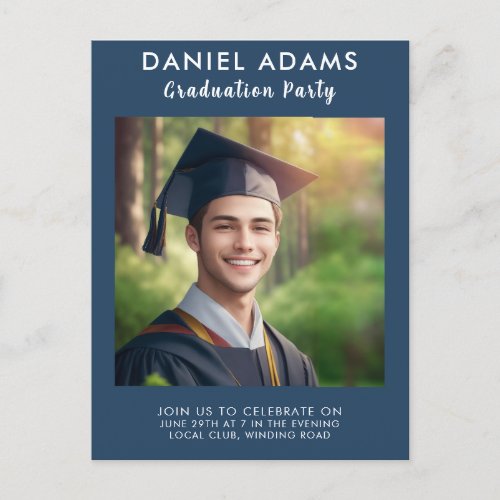 Lets Party  Simple Navy Blue Border Grad Party Postcard