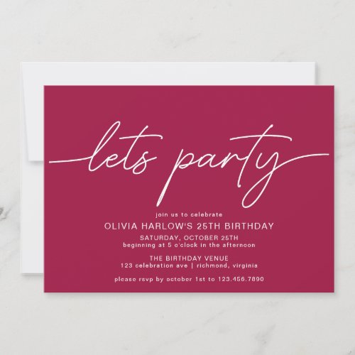 Lets Party  Simple Script Maroon Red Birthday Invitation