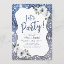 Let's party sparkle blue glitter and floral invitation