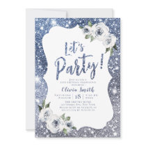 Let's party sparkle blue glitter and floral invitation