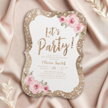 Let's party sparkle gold glitter and pink floral invitation